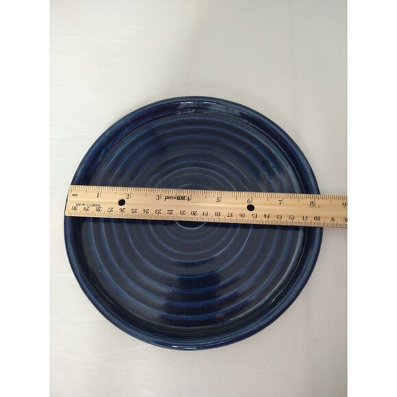 Handmade Signed Art Pottery Plate Dish Blue Swirl Rings Round Plant Drainage - Picture 3 of 8